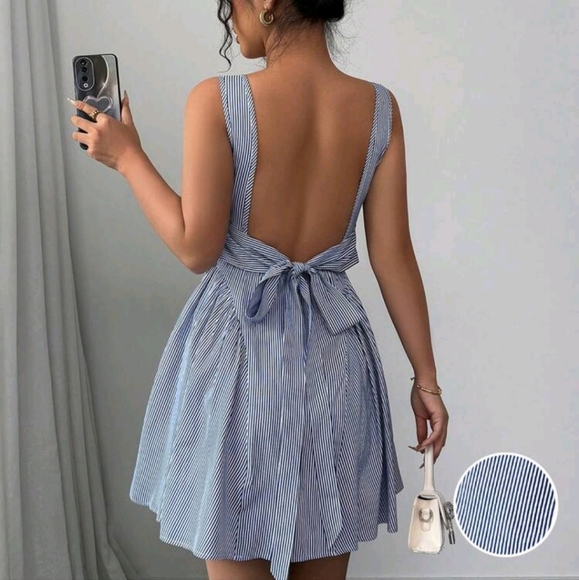 Valentine's Day New Casual Chic Dresses For Women, Generous Collar Striped Backl - Picture 3 of 4